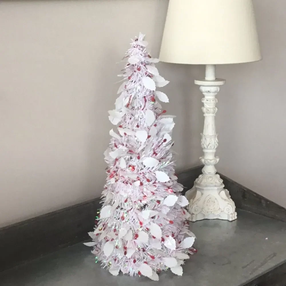 Tinsel Christmas tree cone white red decor decoration Xmas winter 18